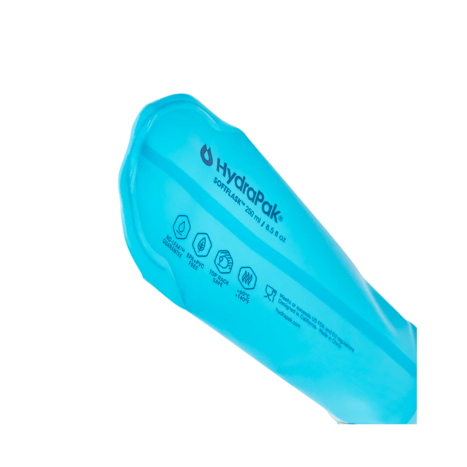 SoftFlask 250ml by Hydrapak in blue, collapsible lightweight hydration flask with soft silicone bite valve for easy trail nutrition and outdoor use