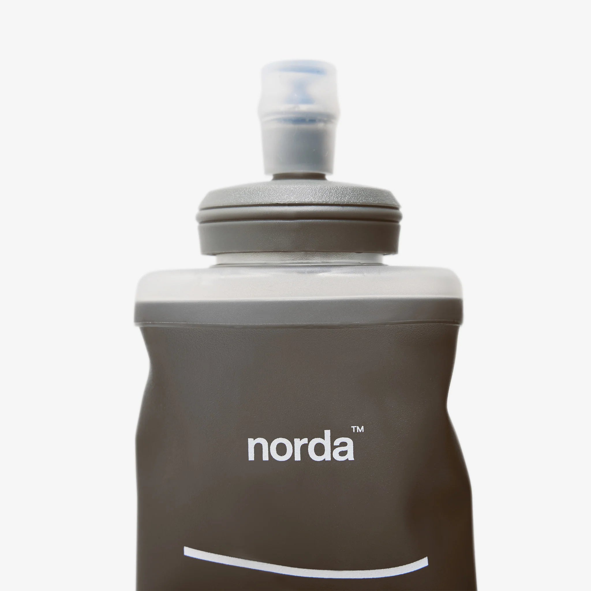 SoftFlask WMX by Norda in grey and transparent with tapered bottom, 500ml hydration flask designed for wide pack pockets in Canada running store