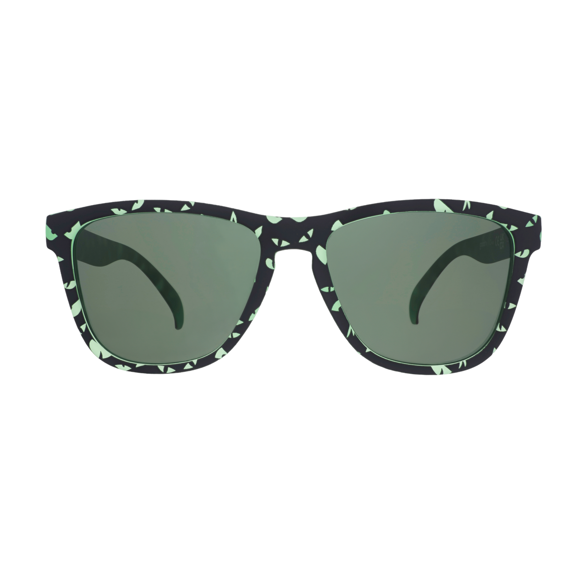 Front view of the Goodr What Lurks In The Shadows sunglasses with black and green speckled frames