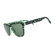 Goodr What Lurks In The Shadows sunglasses, side view of black frames with green eye print and grey lenses
