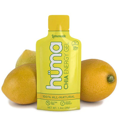 Chia Energy Gel - Lemonade w/Caffeine by Huma in yellow packaging, 100% all-natural energy gel with real fruit puree for running and nutrition