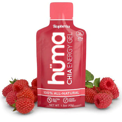 Chia Energy Gel - Raspberry w/Caffeine by Huma in red pouch with real fruit puree, all-natural nutrition, gluten free, vegan friendly energy gel
