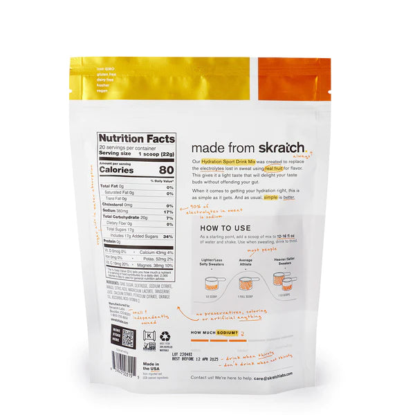 Sport Hydration Drink Mix by Skratch Labs in yellow and orange packaging, electrolyte replacement with light energy for workouts