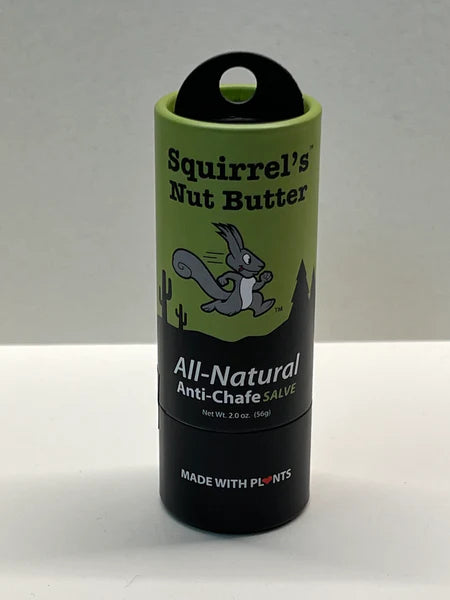 All Natural Anti-Chafe Blend (Compostable) by Squirrel's Nut Butter in green and black tube, natural anti-chafe salve with coconut oil for skin protection