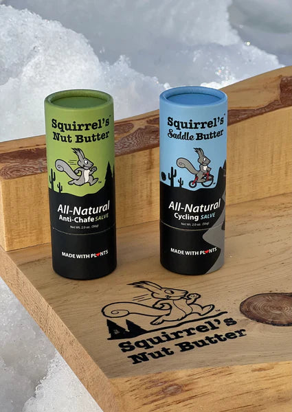 All Natural Anti-Chafe Blend (Compostable) by Squirrel's Nut Butter in green tube, natural salve to prevent chafing and blisters, 2 oz compostable packaging