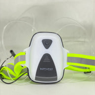 Rechargeble LED Safety Vest by NiteVest in yellow with reflective grey stripes, featuring 360-degree illumination and 150 lumen chest light for outdoor safety.