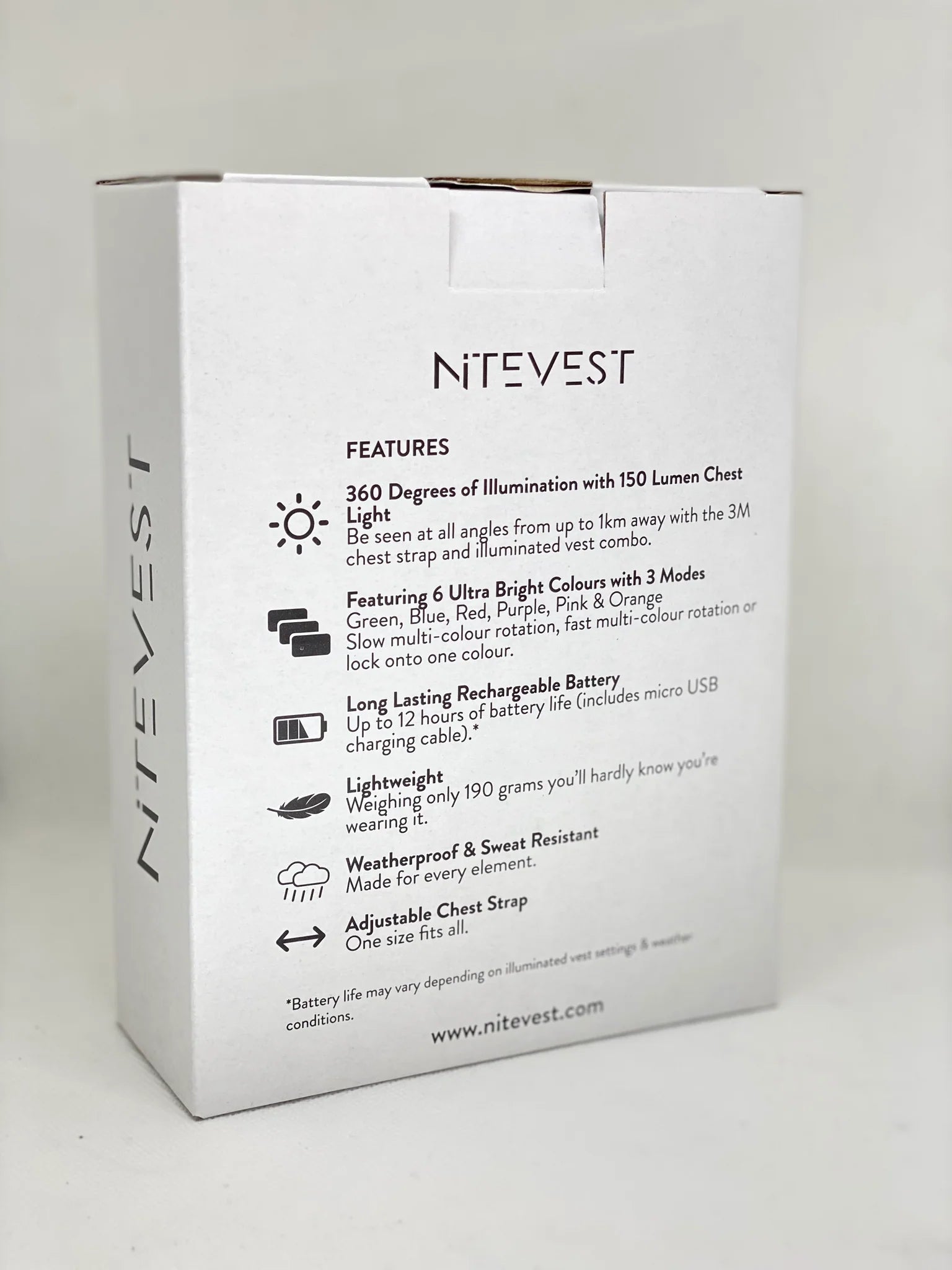 Rechargeble LED Safety Vest by NiteVest in white with 360 degree 150 lumen chest light, rechargeable, lightweight and weatherproof for running safety
