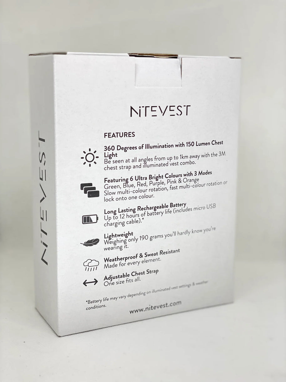 Rechargeble LED Safety Vest by NiteVest in white with 360 degree 150 lumen chest light, rechargeable, lightweight and weatherproof for running safety