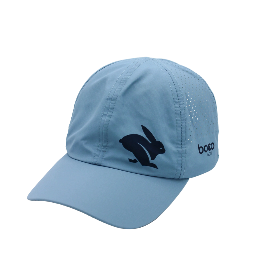 Elite Hat by BOCO in light blue with laser-cut vents, lightweight wicking fabric, bill for sun and gear protection ideal for running and outdoor use