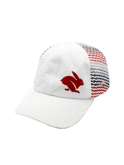 Elite Hat by Rabbit in white with red and blue patterned panels, lightweight-wicking cap with laser-cut vents, ideal for sun protection and outdoor use