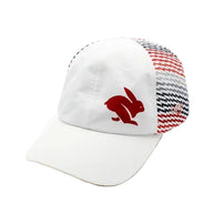 Elite Hat by Rabbit in white with red and blue patterned panels, lightweight-wicking cap with laser-cut vents, ideal for sun protection and outdoor use