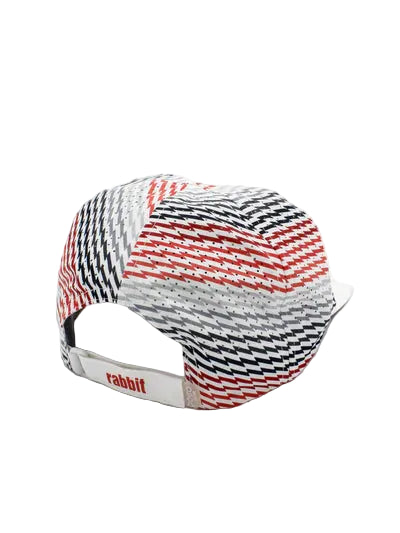 Elite Hat by Rabbit in red, black, and white with baseball cap bill, laser-cut vents, lightweight wicking for sun and gear protection
