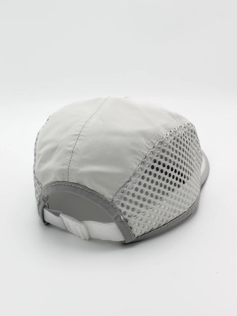 Run Hat Vent Mesh by Rabbit in light grey and white with ventilated mesh panels, lightweight polyester for cooling during running and outdoor use