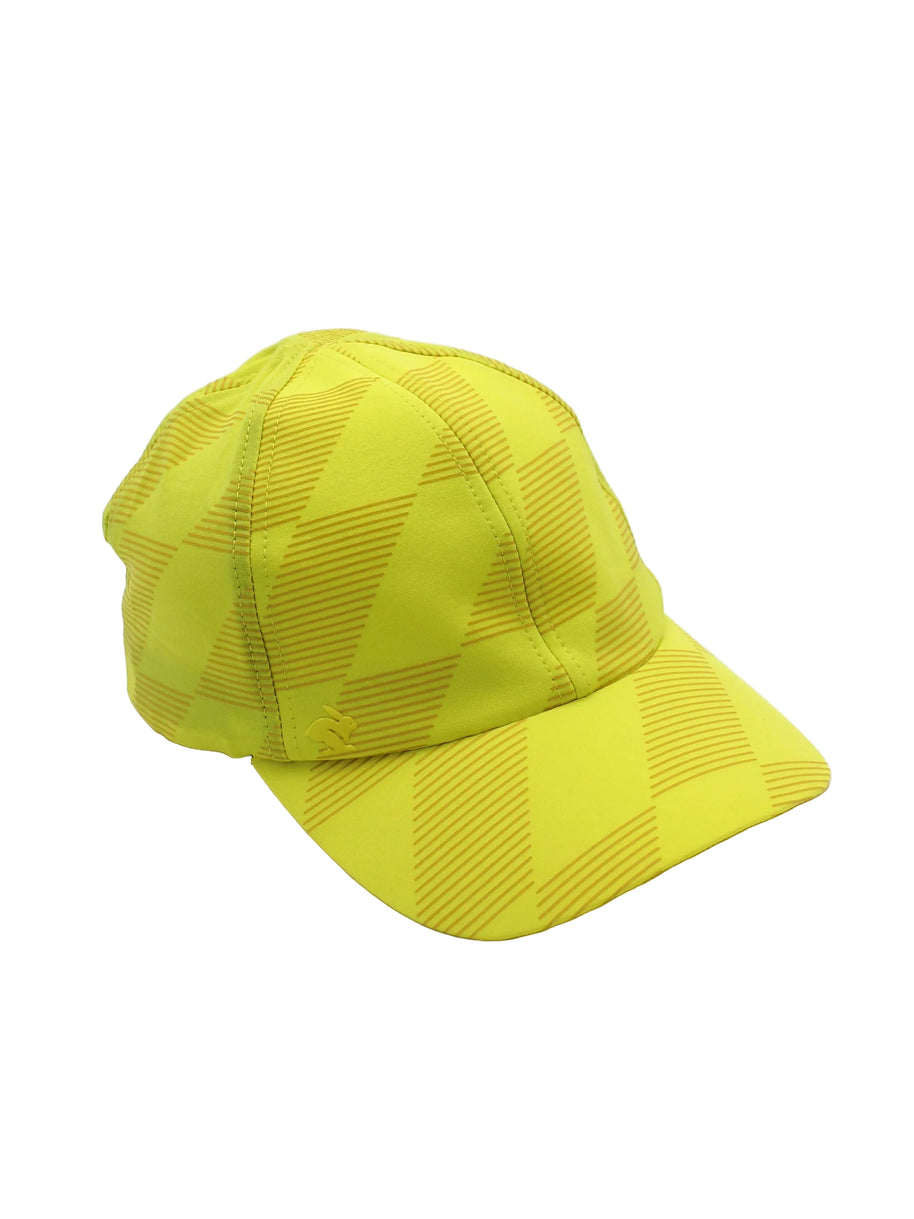 Low Light Tech Cap by Rabbit in yellow with geometric pattern, lightweight cap designed for visibility and safety in low light conditions