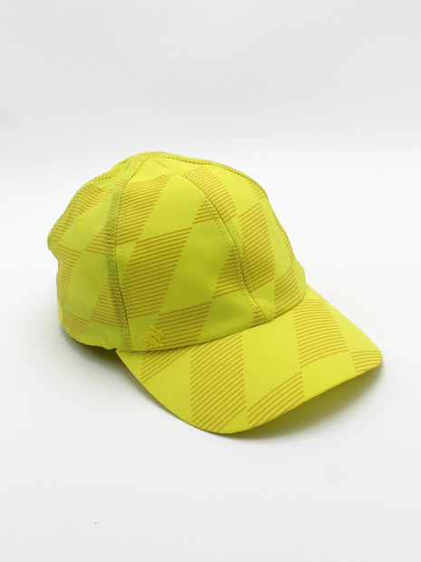 Low Light Tech Cap by Rabbit in yellow with geometric pattern, lightweight cap designed for visibility and safety in low light conditions