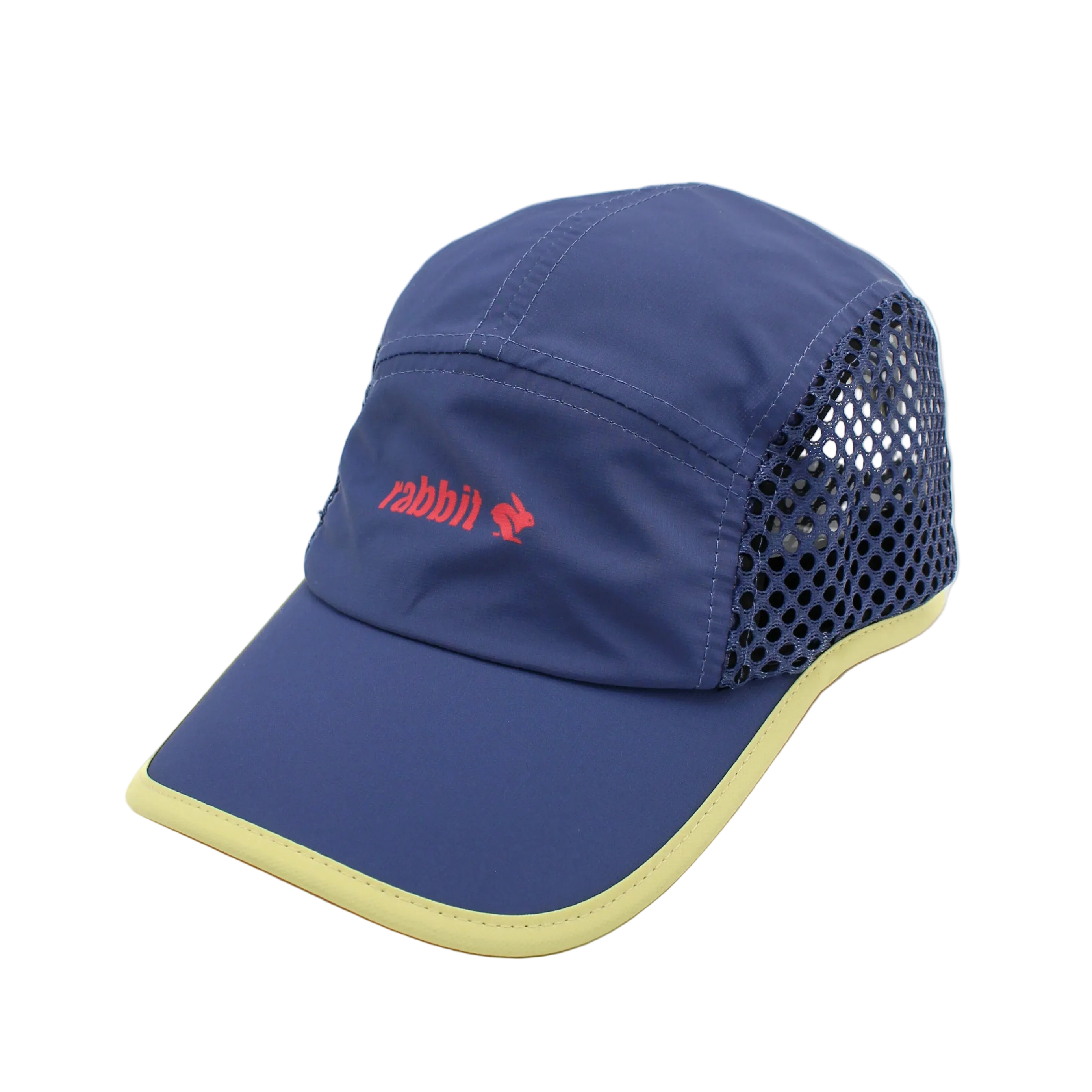 Run Hat Vent Mesh by Rabbit in navy with yellow trim, lightweight wicking polyester front and ventilated mesh sides for cool running.
