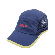 Run Hat Vent Mesh by Rabbit in navy with yellow trim, lightweight wicking polyester front and ventilated mesh sides for cool running.