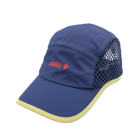 Run Hat Vent Mesh by Rabbit in navy with yellow trim, lightweight wicking polyester front and ventilated mesh sides for cool running.