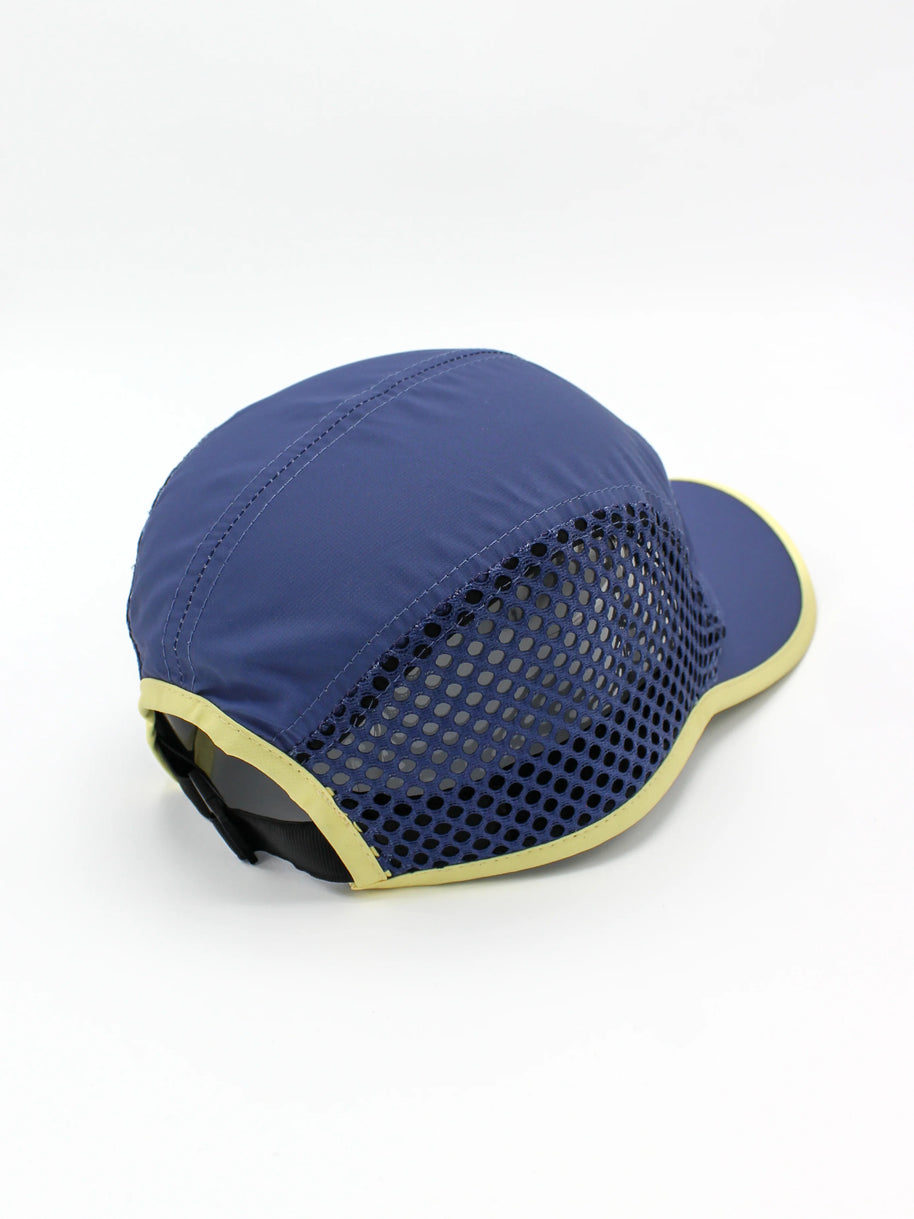 Run Hat Vent Mesh by Rabbit in navy and pale yellow, lightweight wicking polyester with ventilator mesh for cool, dry running protection
