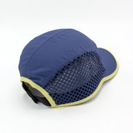 Run Hat Vent Mesh by Rabbit in navy and pale yellow, lightweight wicking polyester with ventilator mesh for cool, dry running protection