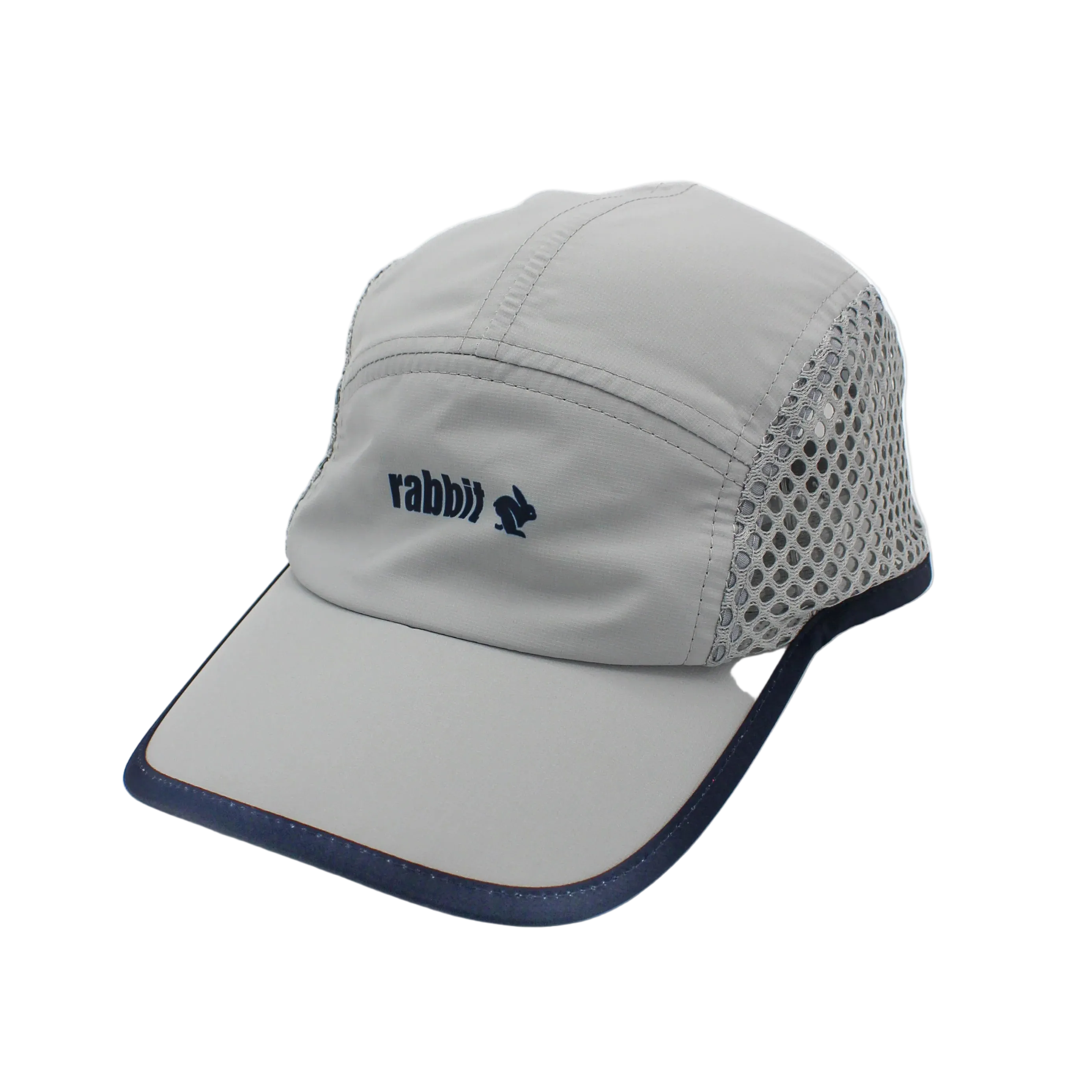 Run Hat Vent Mesh by Rabbit in grey with navy trim, lightweight wicking polyester and ventilator mesh panels for breathable running use