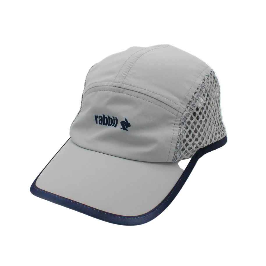 Run Hat Vent Mesh by Rabbit in grey with navy trim, lightweight wicking polyester and ventilator mesh panels for breathable running use