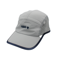 Run Hat Vent Mesh by Rabbit in grey with navy trim, lightweight wicking polyester and ventilator mesh panels for breathable running use