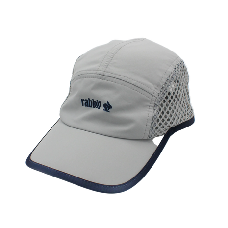 Run Hat Vent Mesh by Rabbit in grey with navy trim, lightweight wicking polyester and ventilator mesh panels for breathable running use