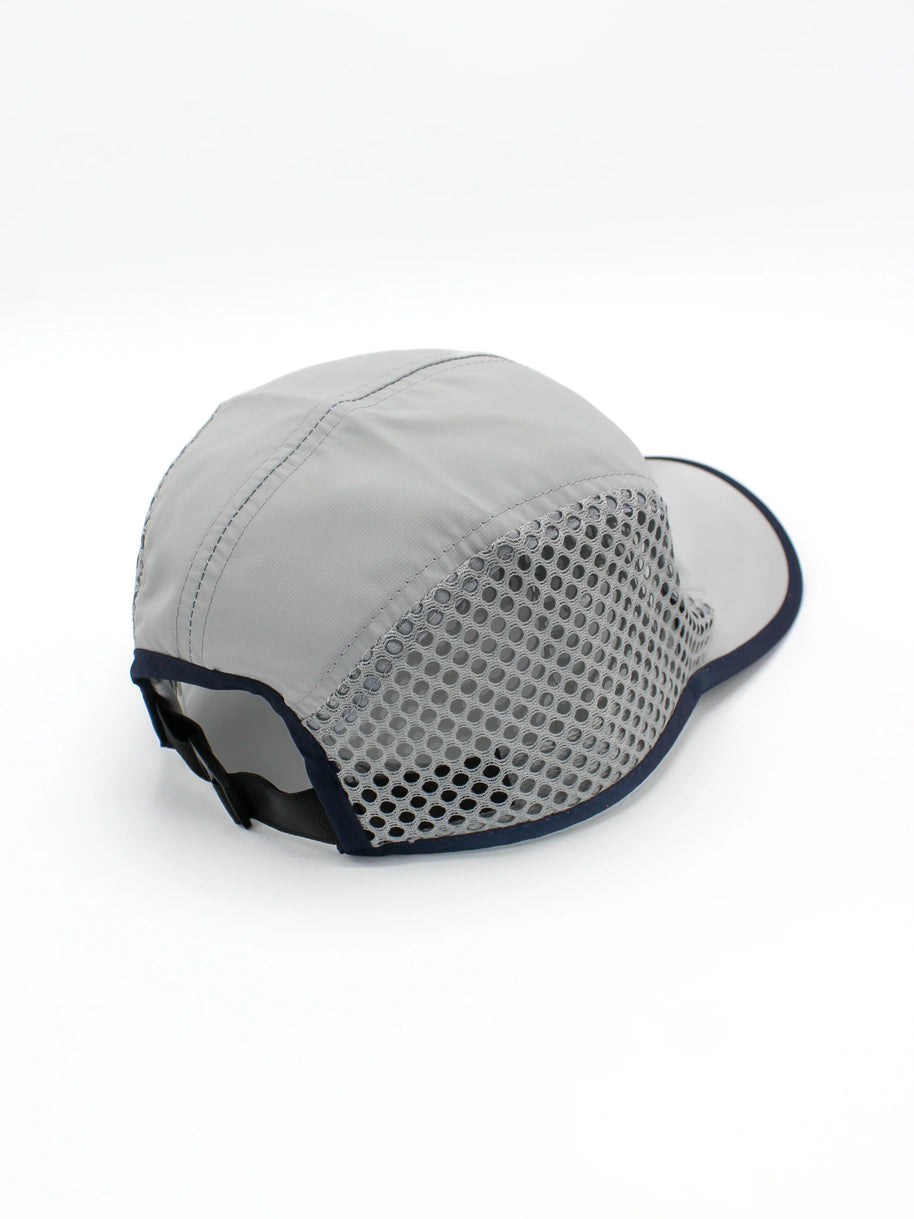 Run Hat Vent Mesh by Rabbit in light grey with dark trim, lightweight polyester and ventilated mesh side panels for cool running outdoors