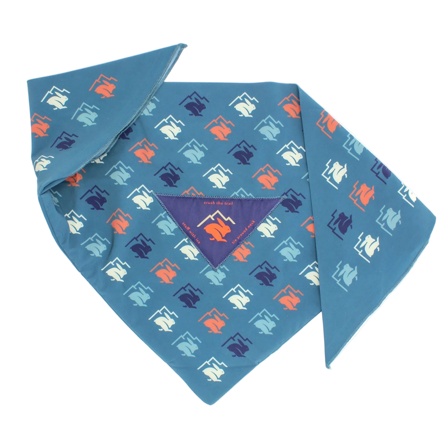 Ice RAD-Dana by Rabbit in blue patterned triangle bandana with dual pockets for ice, made of recycled polyester and spandex for cooling runs