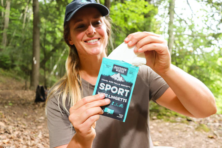 Sport Wipes by Outdoor Wipes in blue and black pack, body care wipes for use after running or camping when no shower available