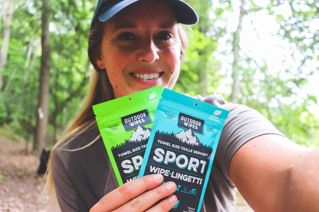 Sport Wipes by Outdoor Wipes in green and blue, body care to freshen up after running or outdoor activities without a shower