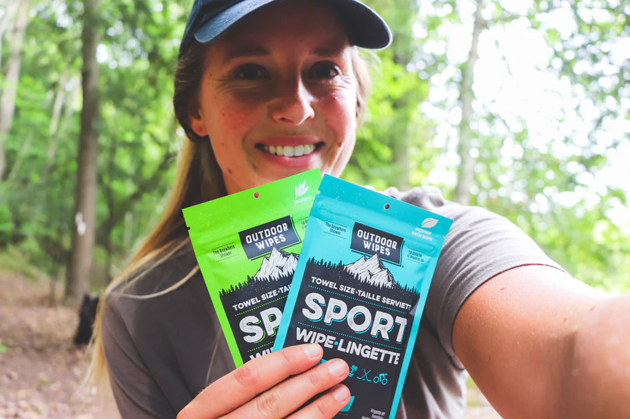 Sport Wipes by Outdoor Wipes in green and blue, body care to freshen up after running or outdoor activities without a shower