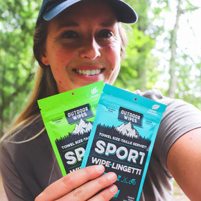Sport Wipes by Outdoor Wipes in green and blue, body care to freshen up after running or outdoor activities without a shower