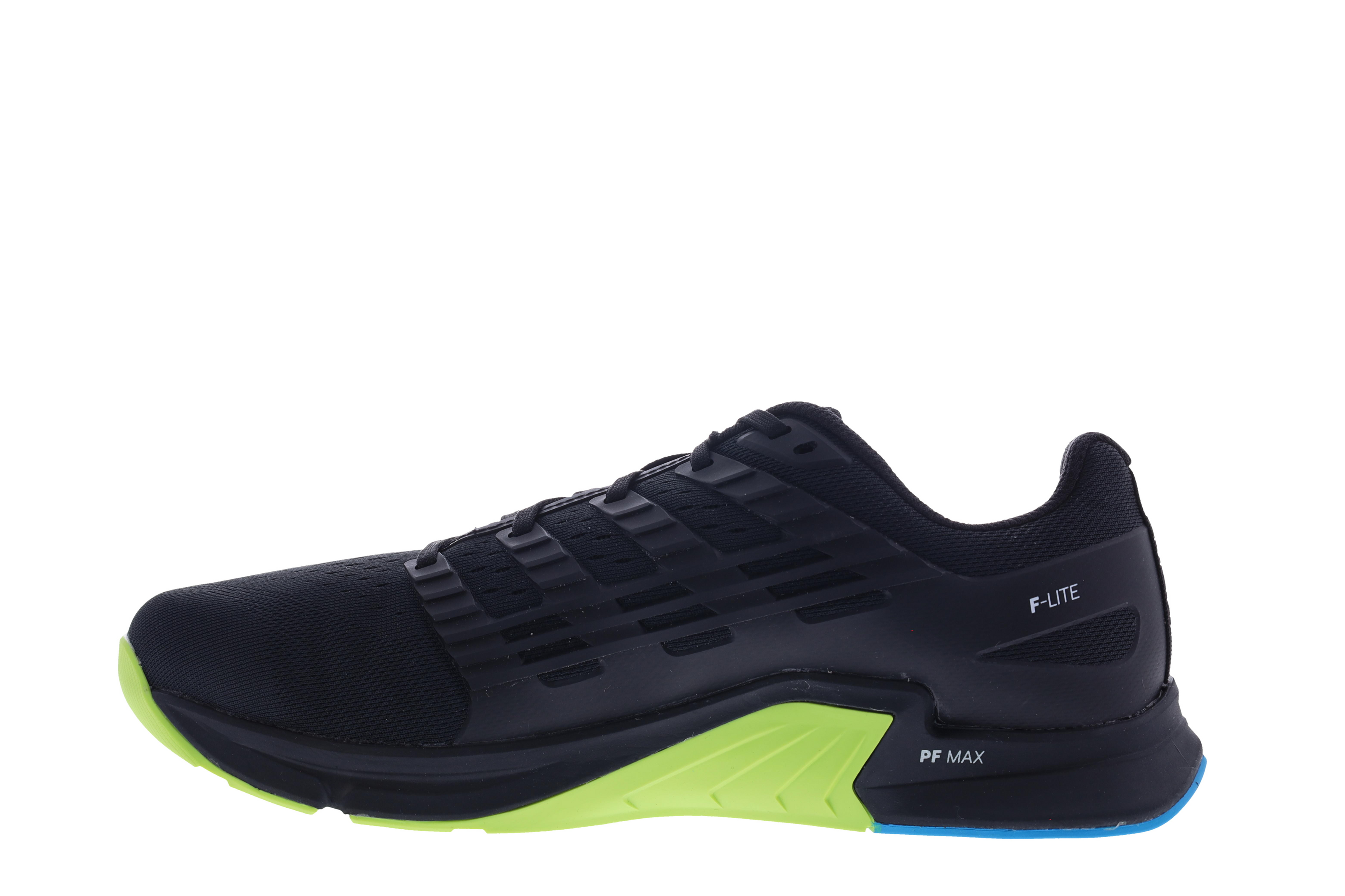 F-Lite Wide - Men by Inov8 in black with neon green and blue accents, flexible cross training shoe for running, lifting, and climbing