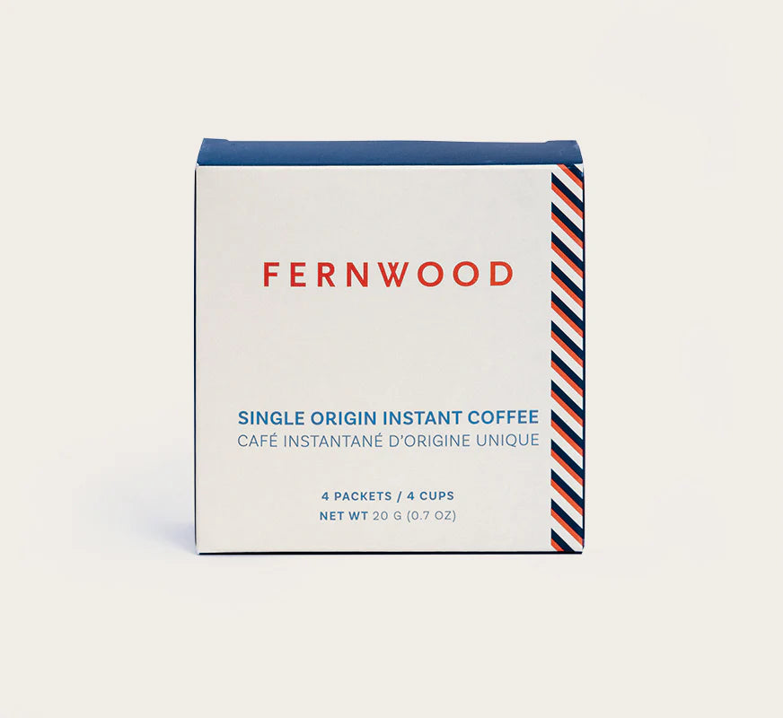 Instant Coffee by Fernwood in white and blue packaging, single origin Brazil, small batch brewed, pure crystallized coffee solids, Canada-made