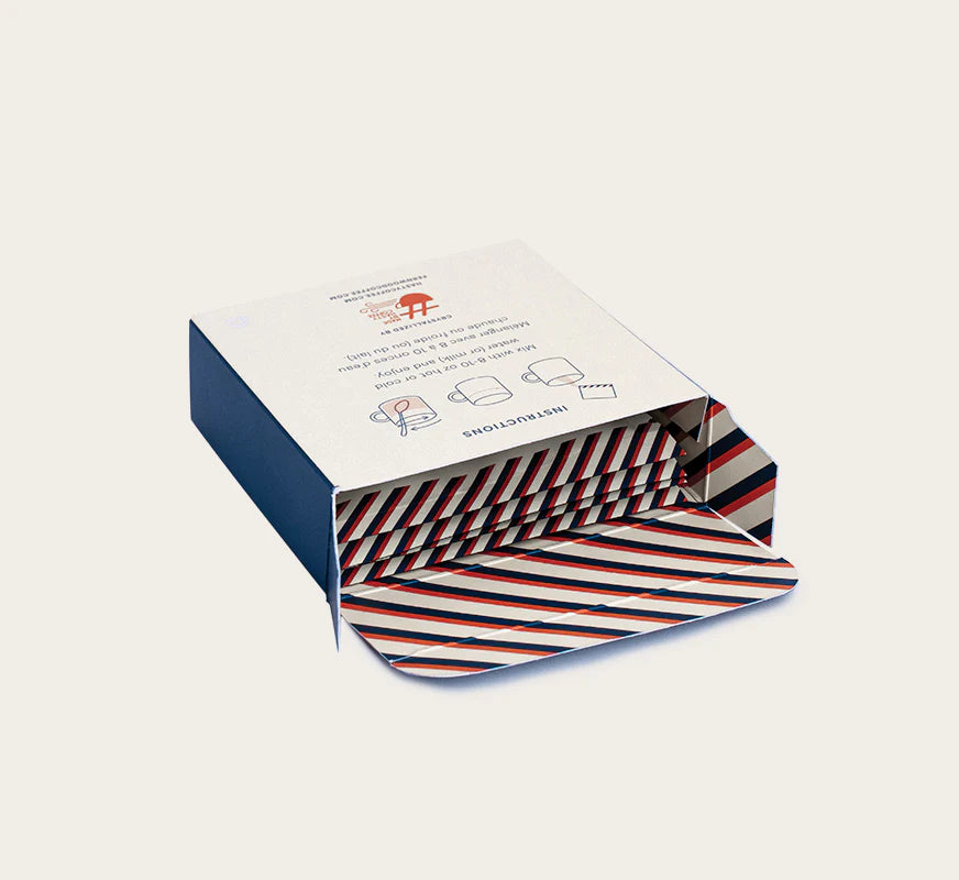 Instant Coffee by Fernwood in blue and white box with red striped interior, small batch Brazil roast, pure crystallized coffee solids, Canada-made