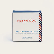 Instant Coffee by Fernwood in white and blue packaging, single origin Brazil, small batch brewed, pure crystallized coffee solids, Canada-made