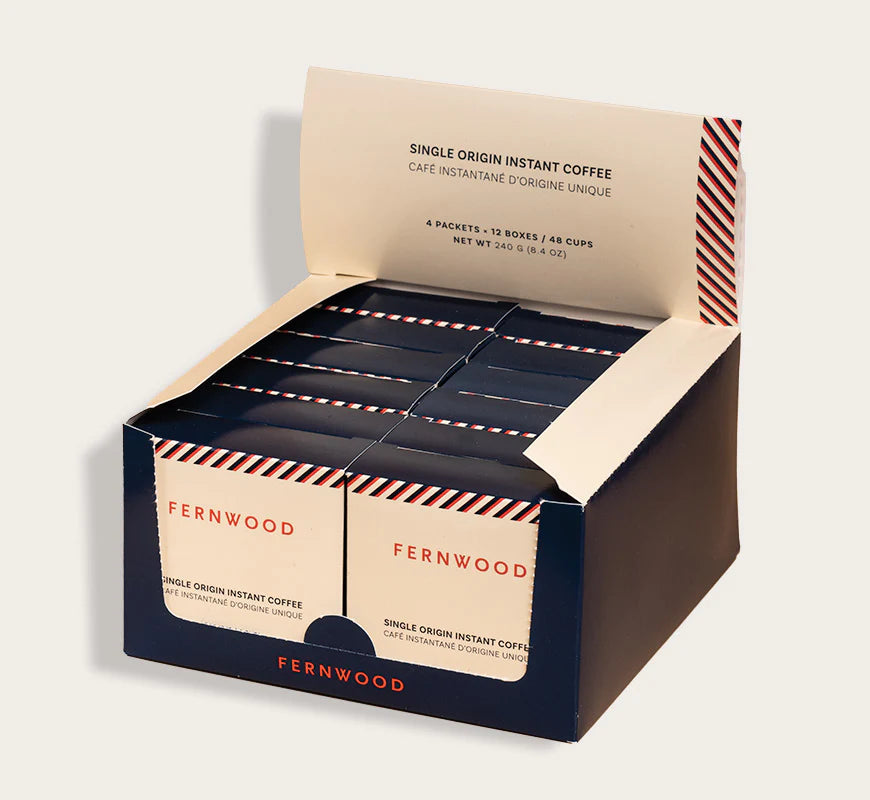 Instant Coffee by Fernwood in black and cream box packaging, single origin Brazil instant coffee in small batch crystallized form, Canada-made