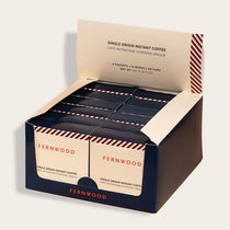 Instant Coffee by Fernwood in black and cream box packaging, single origin Brazil instant coffee in small batch crystallized form, Canada-made