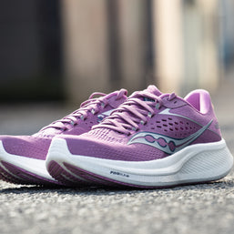 Ride 17 - Women by Saucony in purple with advanced PWRRUN+ foam cushioning, lightweight road running shoes for comfort and performance