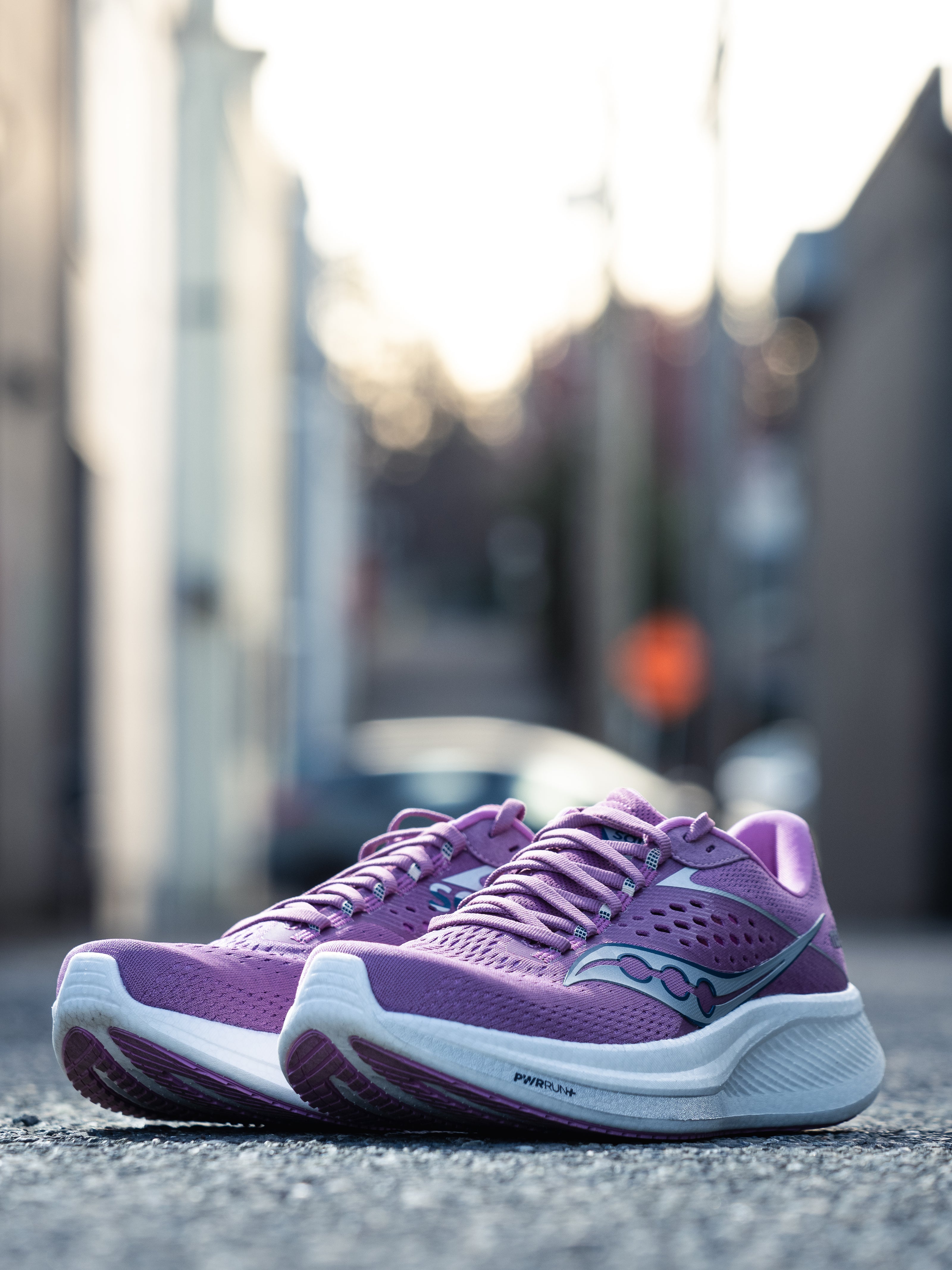 Ride 17 - Women by Saucony in purple and white with PWRRUN+ cushioning, lightweight road running shoes for comfort and daily runs