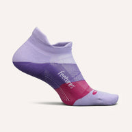 Elite Light Cushion No Show Tab by Feetures in purple and pink, lightweight anatomical running socks with Targeted Comp for comfort and performance
