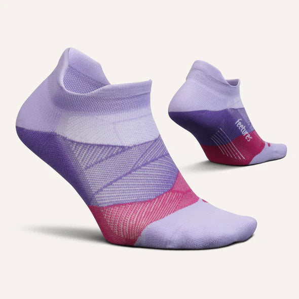 Elite Light Cushion No Show Tab by Feetures in lavender and pink with anatomical design and targeted compression for running and active use