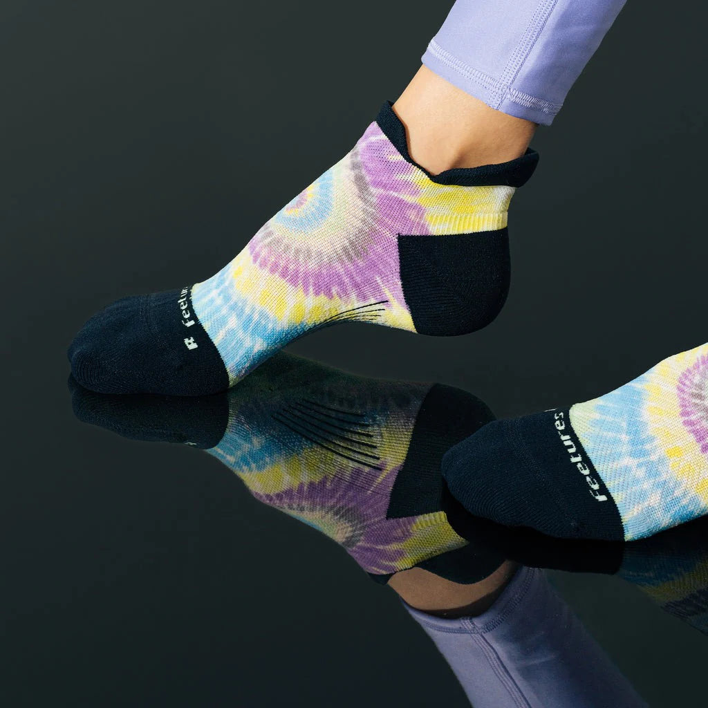 Elite Light Cushion No Show Tab Limited Edition Tie Dye - Women by Feetures, anatomical fit, targeted compression, lightweight cushioned socks for running
