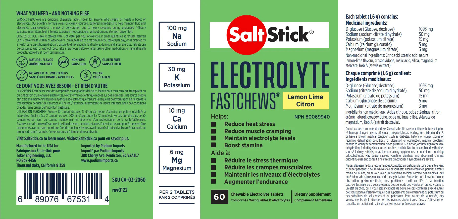 Saltstick Fastchews 60-Tab Bottle in lemon lime, chewable electrolyte supplement with sodium, potassium, calcium, magnesium for hydration and cramp relief