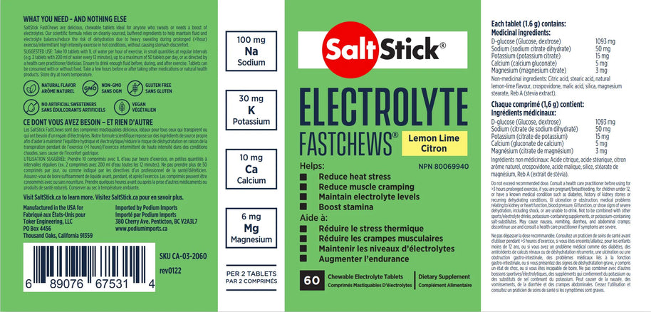 Saltstick Fastchews 60-Tab Bottle in lemon lime, chewable electrolyte supplement with sodium, potassium, calcium, magnesium for hydration and cramp relief