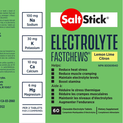 Saltstick Fastchews 60-Tab Bottle in lemon lime, chewable electrolyte supplement with sodium, potassium, calcium, magnesium for hydration and cramp relief