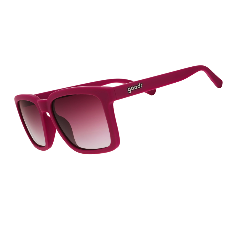 Goodr Living Highlight Reel sunglasses, side view of square magenta frames with gradient lenses