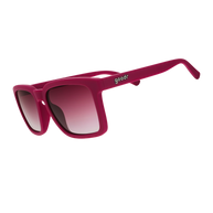 Goodr Living Highlight Reel sunglasses, side view of square magenta frames with gradient lenses